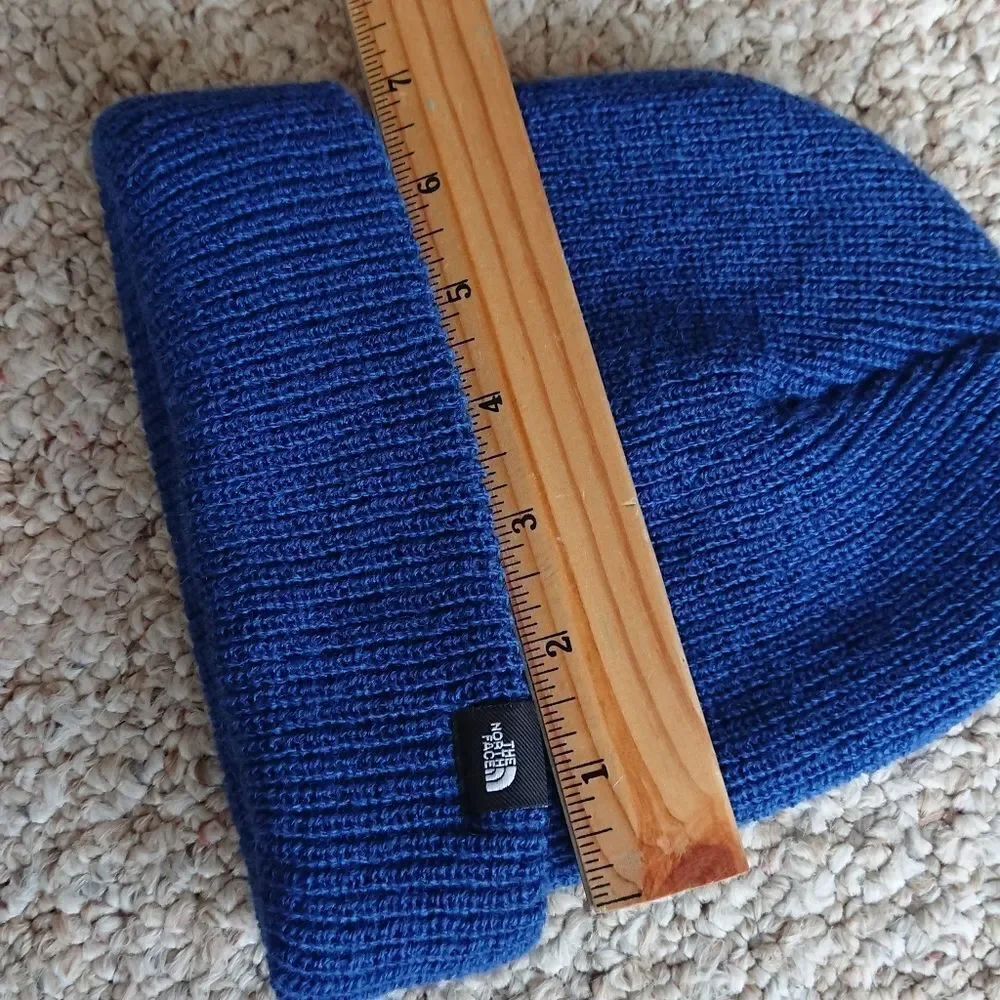 The North Face Blue Knit Logo Cuffed Beanie for youth